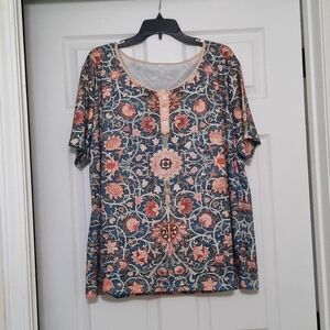 3XL Short Sleeve Scoop Neckline Blue Cream Blouse Top